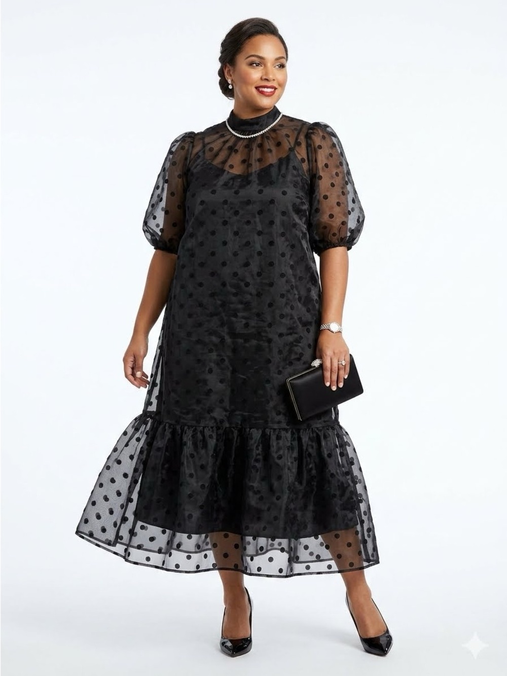 Eloquii Sophisticated Black Polka Dot Sheer Overlay Midi Dress Size 14NWT